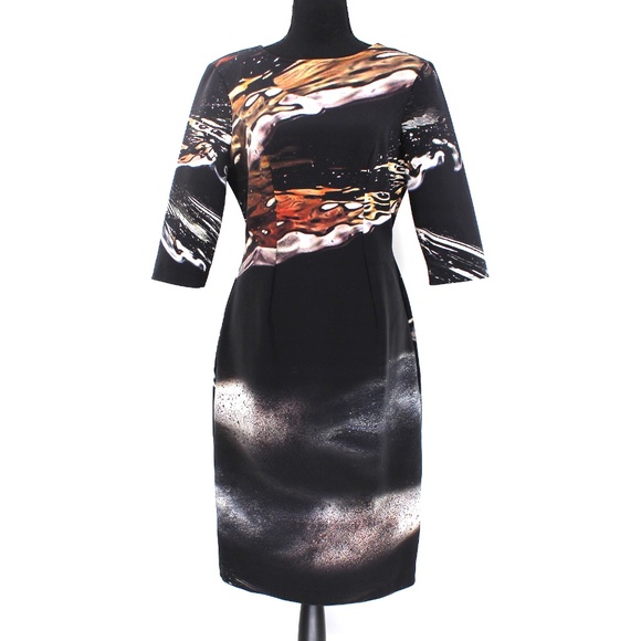 Carolina Herrera Black Abstract Print Short Sleeve Scuba Midi Dress 4 - Picture 1 of 8